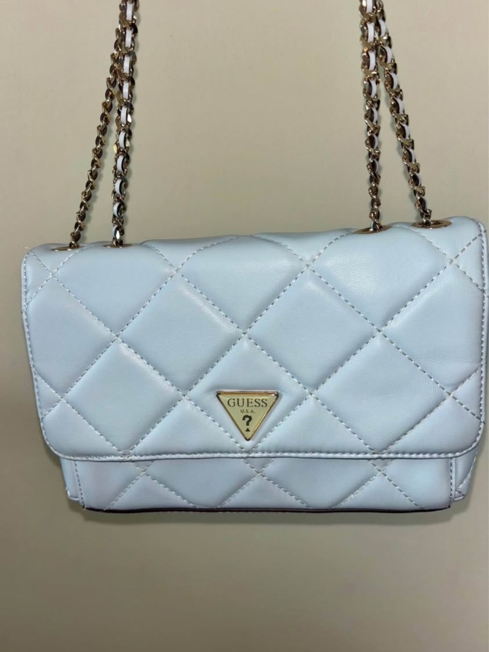 GUESS Quilted Crossbody Bag in Light Blue with Gold Chain